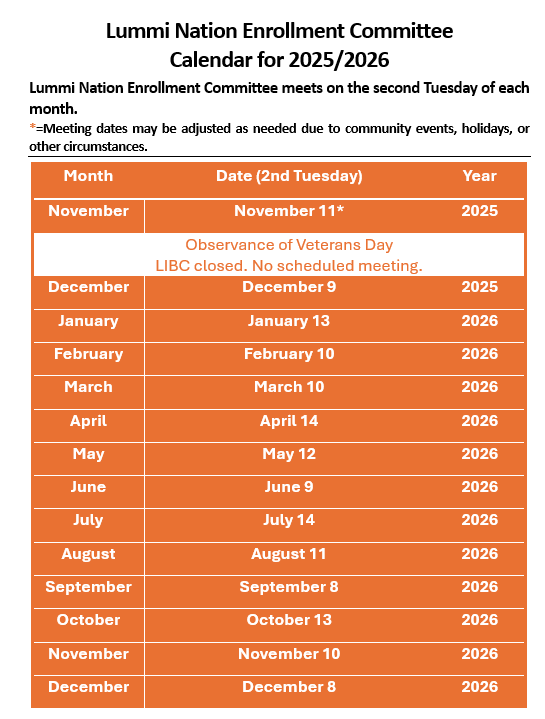 Lummi Nation Enrollment Committee Calendar for 2025/2026