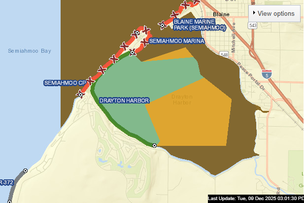 Semiahmoo (Drayton Harbor) intertidal shellfish harvest map. GREEN - OPEN for harvest, RED - CLOSED for harvest